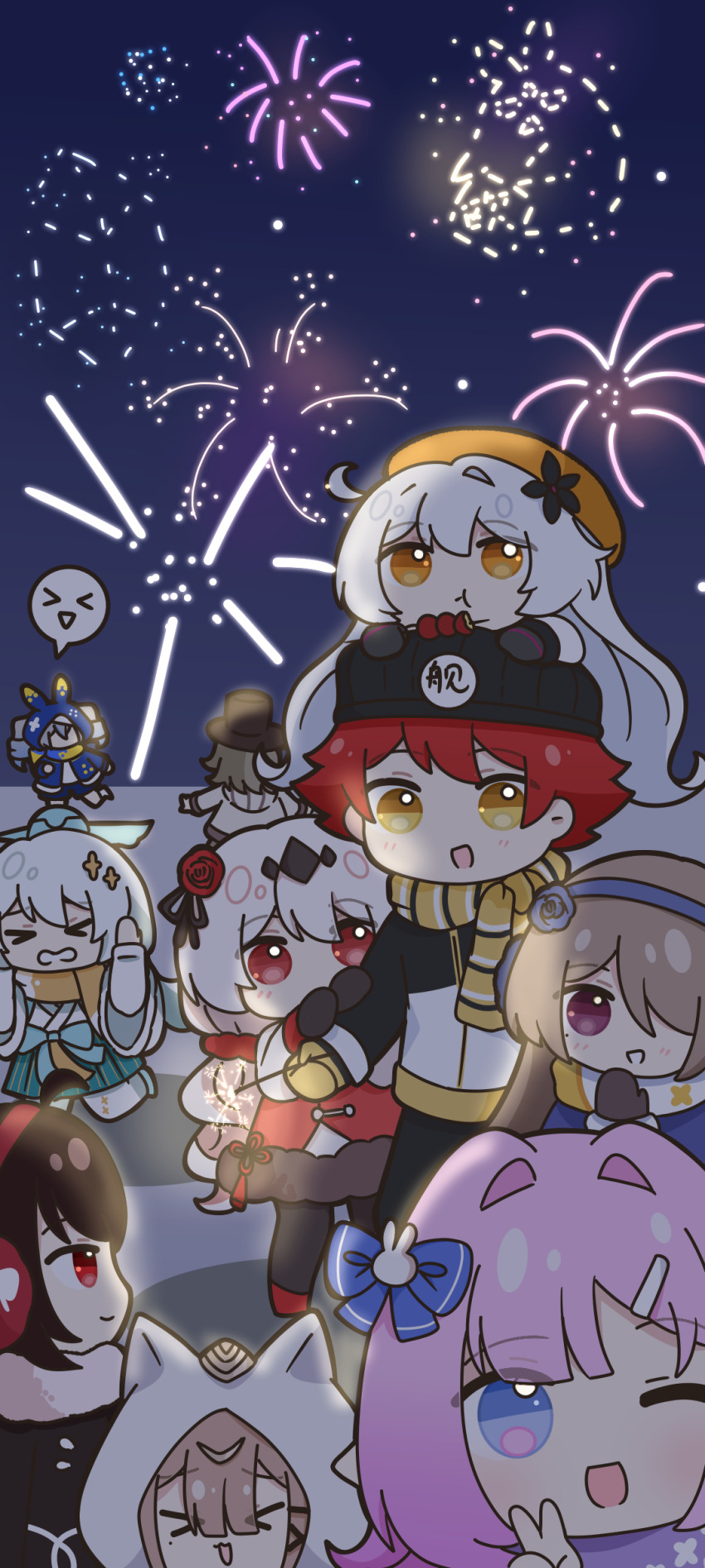 &gt;_&lt; 1boy 6+girls absurdres aerial_fireworks aged_down animal_hood black_hair black_hat blue_bow blue_bowtie blue_eyes bow bowtie bronya_zaychik bronya_zaychik_(haxxor_bunny) brown_hair captain_(honkai_impact) cat_hood drill_hair eating elysia_(honkai_impact) fireworks grey_hair hair_ribbon hat headphones highres honkai_(series) honkai_impact_3rd hood kiana_kaslana kiana_kaslana_(herrscher_of_the_void) multiple_girls night night_sky one_eye_closed pardofelis pink_hair purple_eyes red_eyes red_hair ribbon rita_rossweisse rita_rossweisse_(fallen_rosemary) scarf seele_(alter_ego) seele_vollerei short_hair sky snow spoken_expression theresa_apocalypse theresa_apocalypse_(luna_kindred) twin_drills v vill-v white_hair white_hood winter_clothes yellow_eyes yellow_scarf youtho zhuge_kongming_(honkai_impact)