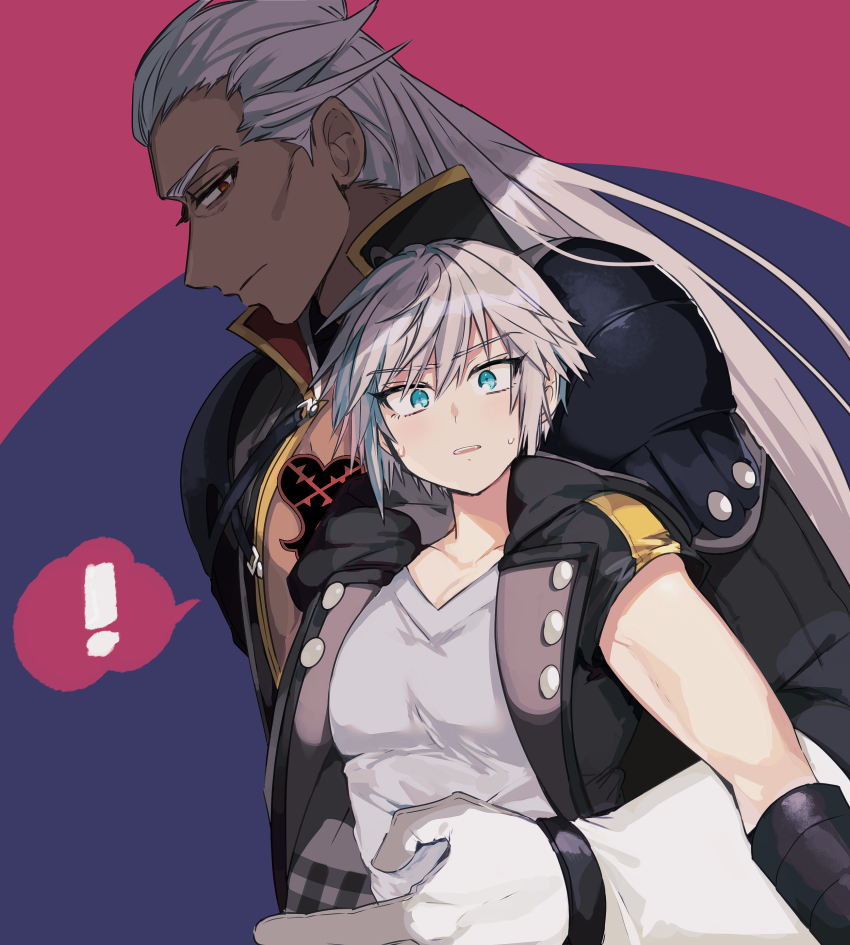 2boys absurdres ansem_seeker_of_darkness blue_eyes dark-skinned_male dark_skin grey_hair hair_slicked_back hand_on_another&#039;s_waist highres kingdom_hearts kingdom_hearts_3d:_dream_drop_distance large_hands lgw7 long_hair male_focus multiple_boys open_mouth orange_eyes riku_(kingdom_hearts) shirt short_hair size_difference tight_clothes tight_shirt yaoi