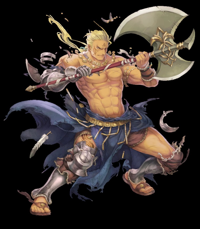 1boy abs axe blonde_hair bracelet dark-skinned_male dark_skin facial_tattoo feathers fire_emblem fire_emblem:_the_blazing_blade fire_emblem_heroes full_body gloves haccan hawkeye_(fire_emblem) highres holding holding_weapon injury jewelry long_hair low_ponytail male_focus manly necklace nintendo official_art orange_eyes pectorals ponytail sandals scar solo tattoo topless_male transparent_background weapon