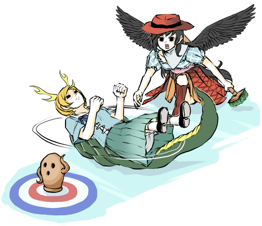 2girls antlers bandana black_eyes black_feathers black_footwear black_hair black_ribbon black_wings blonde_hair blue_shirt blue_sleeves boots broom brown_footwear brown_headwear brown_skirt commentary_request cowboy_boots cowboy_hat curling curling_broom dragon_horns dragon_tail feathered_wings feathers green_skirt haniwa_(statue) hat highres holding holding_broom horns ice kicchou_yachie kurokoma_saki long_hair multiple_girls peroponesosu. plaid_clothes plaid_shirt red_skirt ribbon ribbon_hair shell shirt short_hair short_sleeves simple_background sitting skirt spinning tail target touhou turtle_shell white_background white_legwear wings