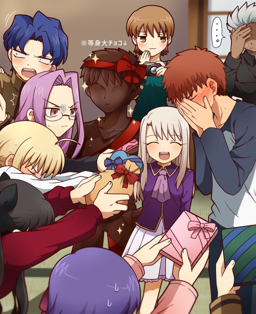 3boys 6+girls ahoge apron archer_(casual_wear)_(fate) archer_(fate) artoria_pendragon_(fate) black_hair blonde_hair blouse blue_hair bowing brother_and_sister brown_hair camera covering_own_mouth danshi_koukou_valentine_(meme) dark-skinned_male dark_skin emiya_shirou facepalm fate/stay_night fate_(series) fujimura_taiga gift giving glasses hair_ribbon highres homurabara_academy_school_uniform illyasviel_von_einzbern long_hair matou_sakura matou_shinji medusa_(fate) medusa_(rider)_(fate) meme multiple_boys multiple_girls orange_hair pink_shirt purple_hair purple_shirt raglan_sleeves red_ribbon ribbon saber_(fate) school_uniform shirt short_hair siblings sisters spiked_hair square_pupils striped_clothes striped_shirt sweater tohsaka_rin tsubuta_hiro tsundere two_side_up very_long_hair wavy_hair white_hair white_shirt