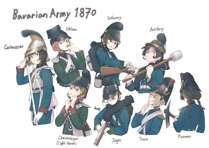 1870 6+girls absurdres ammunition ammunition_pouch armor backpack bag bavaria belt black_belt blonde_hair blue_eyes blue_jacket braid brown_hair buttons canteen cartridge cavalry_sword chin_strap cigarette closed_mouth commentary cropped_torso cuirass cuirassier dreyse_m1841 english_text german_text green_jacket gun hair_between_eyes hand_up hat hat_ornament helmet highres holding holding_cigarette holding_gun holding_sheath holding_sword holding_weapon jacket karasumi_(sumizono) load_bearing_equipment long_hair long_sleeves looking_at_viewer low_twin_braids magazine_(weapon) magazine_ejection military military_hat military_jacket military_uniform multiple_girls open_mouth original pants pickaxe plume pouch ramrod reloading rifle_cartridge scabbard sheath sheathed short_hair shoulder_boards simple_background smoking soldier sword twin_braids uhlan upper_body weapon white_background white_belt