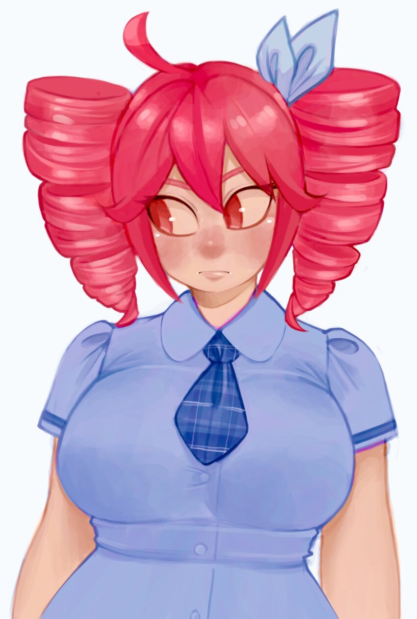 1girl alternate_breast_size_(larger) breasts checkered_necktie feet_out_of_frame highres kasane_teto kewchiemcdouble large_breasts looking_at_viewer necktie plump red_hair skiddioop solo utau