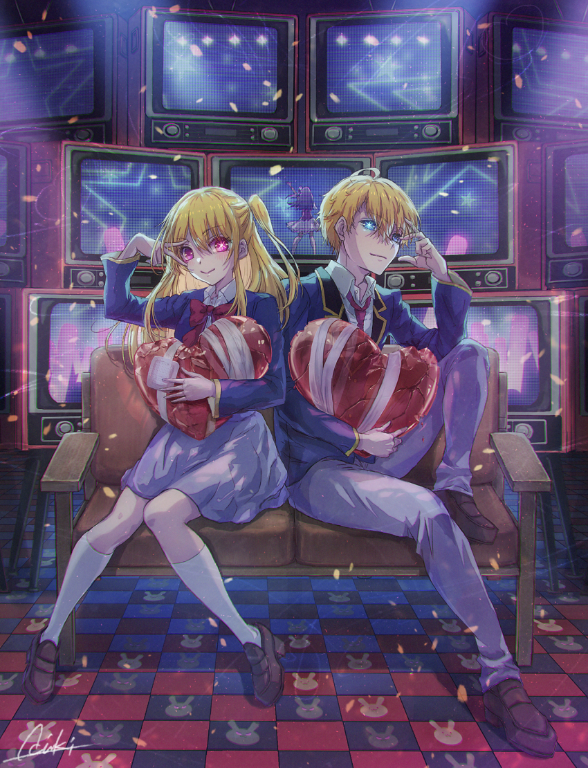 1boy 1girl blazer blue_eyes blue_jacket blush bow bowtie brother_and_sister brown_footwear chromatic_aberration closed_mouth collared_shirt commentary couch crt dress_shirt full_body grey_pants grey_skirt hair_between_eyes hand_up heart highres hoshino_ai hoshino_aquamarine hoshino_ruby indoors jacket kneehighs light_particles lira_mist long_hair long_sleeves looking_at_viewer mismatched_pupils necktie no_pupils one_side_up open_clothes open_jacket oshi_no_ko pants pink_eyes red_bow red_bowtie red_necktie school_uniform shadow shirt short_hair siblings sidelocks signature sitting skirt smile socks star-shaped_pupils star_(symbol) symbol-shaped_pupils television twins v v_over_eye white_shirt white_socks youtou_high_school_uniform