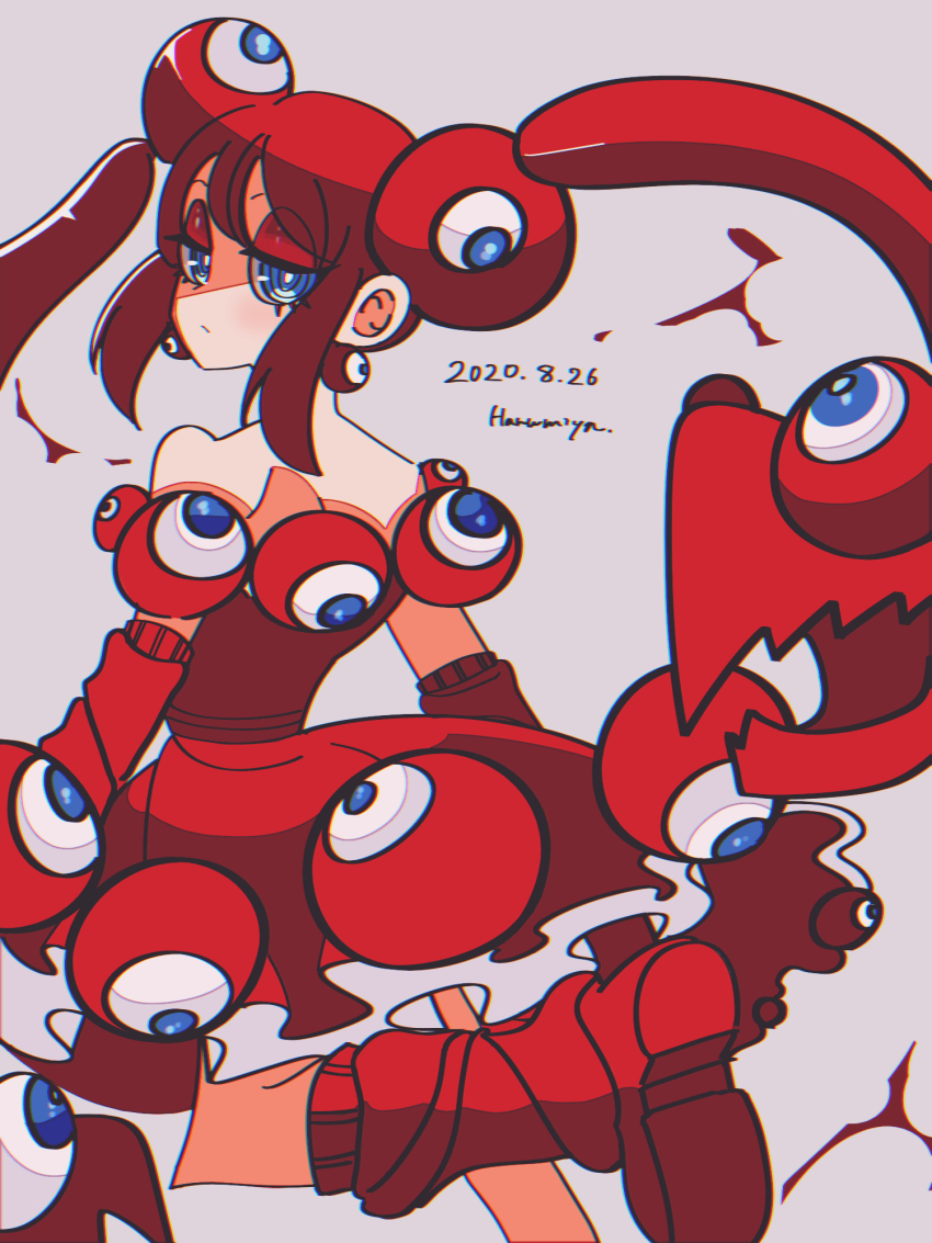 1girl artist_name blue_eyes chromatic_aberration dated dress earrings elbow_gloves expo2025 eyeball_earrings gloves harumiya_ut highres myaku-myaku jewelry red_dress red_footwear red_gloves red_hair sidelocks simple_background solo twintails
