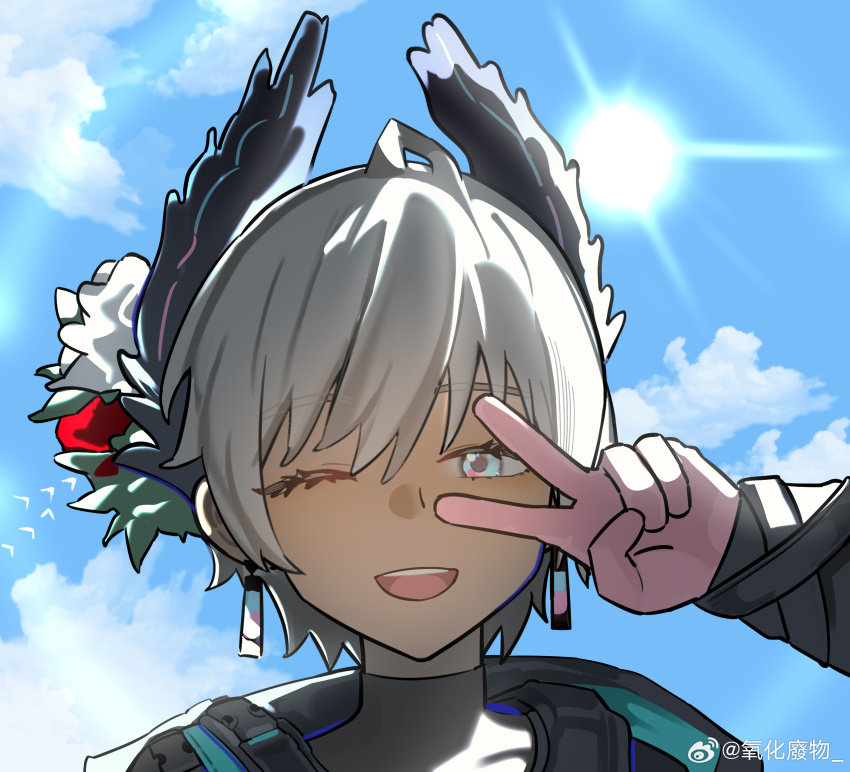 1girl ;d arknights backlighting black_jacket blue_eyes day earrings gloves grey_hair highres jacket jewelry long_sleeves looking_at_viewer one_eye_closed open_mouth pink_gloves portrait raidian_(arknights) short_hair smile solo sun v v_over_eye watermark weibo_watermark wwfo_2