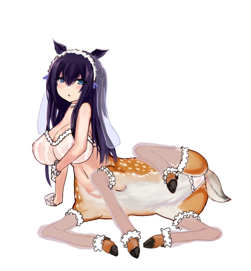 1girl absurdres blush centauroid deer female_focus highres hind hooves hu_sea lace lingerie monster_girl panties solo taur underwear