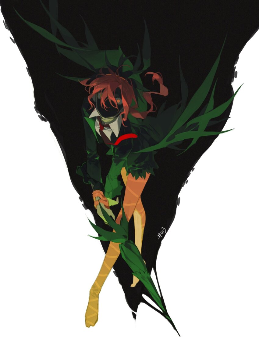 1other amano_meme black_feathers black_jacket black_swan_(e.g.o) black_vest dream_of_a_black_swan e.g.o_(project_moon) employee_(project_moon) feathers gloves highres holding holding_umbrella jacket lobotomy_corporation long_hair necktie nugget_(project_moon) orange_gloves orange_pantyhose pantyhose project_moon red_hair red_necktie shaded_face shirt solo umbrella very_long_hair vest white_shirt yellow_eyes