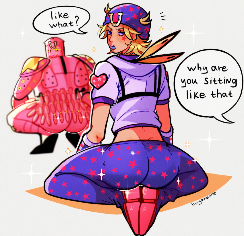 +_+ 1boy 1other absurdres artist_name ass blonde_hair blue_eyes blue_hat broly_culo_(meme) commentary english_commentary english_text feathers hat heart highres hood hoodie horseshoe huyandere johnny_joestar jojo_no_kimyou_na_bouken male_focus meme pants signature sitting sparkle squatting star_(symbol) star_print steel_ball_run tight_clothes tight_pants tusk_(stand) tusk_act4 white_hoodie
