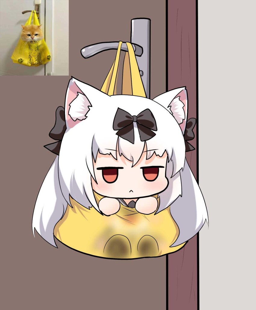1girl :&lt; animal_ear_fluff animal_ears azur_lane bag black_bow black_sailor_collar bow cat cat_ears cat_girl chibi chibi_only chinese_commentary closed_mouth commentary_request door glitchcampus hair_bow hanging highres in_bag in_container indoors long_hair meme orange_cat orange_eyes photo_inset plastic_bag reference_inset sailor_collar triangle_mouth unamused white_hair yukikaze_(azur_lane)