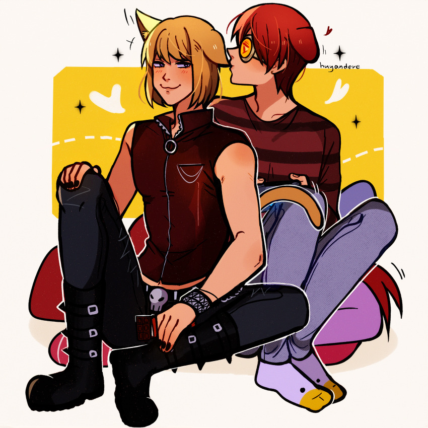 2boys :3 absurdres animal_ears blonde_hair blush bob_cut boots cat_boy cat_ears cat_tail death_note dog_boy dog_ears dog_tail goggles goth_fashion highres huyandere implied_yaoi male_focus matt_(death_note) mello_(death_note) multiple_boys smile tail