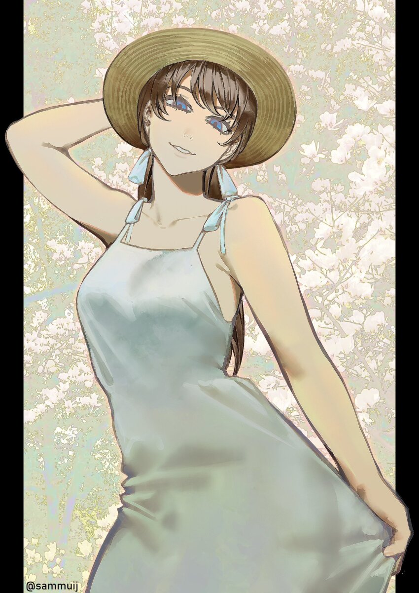 1girl blue_eyes brown_hair chainsaw_man commentary dress english_commentary hat highres long_hair looking_at_viewer mitaka_asa sammuij solo sun_hat twitter_username white_dress