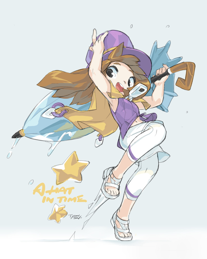 1girl 2019 a_hat_in_time absurdres black_eyes breasts brown_hair hat hat_kid highres looking_at_viewer navel non-web_source open_mouth purple_shirt sandals shirt shorts signature simple_background small_breasts smile standing standing_on_one_leg star_(symbol) three-quarter_sleeves tyson_tan umbrella water white_sandals white_shorts
