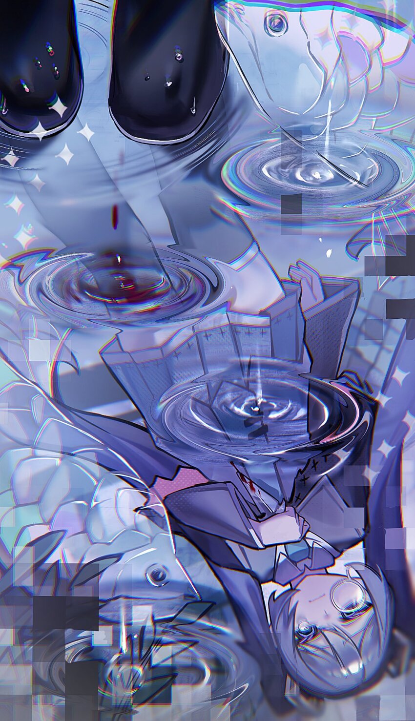 1girl black_capelet black_thighhighs blood blood_in_water bloody_knife blue_eyes blue_hair blue_necktie blue_skirt capelet closed_mouth collared_capelet fish gehenna_(vocaloid) hair_between_eyes hair_ornament hairclip hatsune_miku highres holding holding_knife knife long_hair monocle necktie nikuta pleated_skirt reflection reflective_water ripples shirt skirt solo sparkle tearing_up thighhighs twintails very_long_hair vocaloid zettai_ryouiki