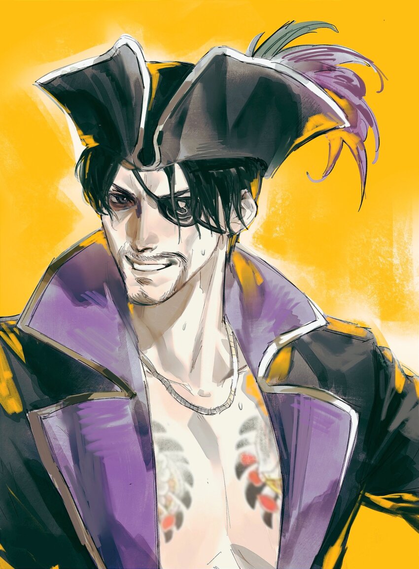 1boy black_eyes black_hair black_jacket chest_tattoo chinese_commentary commentary_request eyepatch facial_hair goatee grin hat highres jacket looking_at_viewer majima_goro male_focus moolidragon no_shirt pirate pirate_hat plume ryuu_ga_gotoku_(series) ryuu_ga_gotoku_8_gaiden short_hair smile solo tattoo tricorne upper_body yellow_background