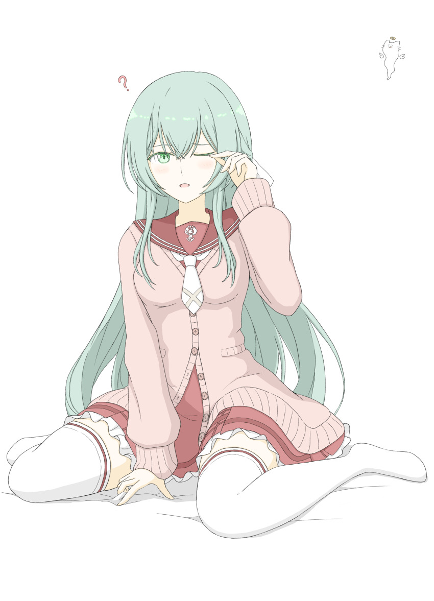 1girl ? absurdres animal assault_lily bed_sheet between_legs blush bow breasts brown_cardigan brown_sailor_collar cardigan cat commentary crossed_bangs full_body ghost green_eyes green_hair hair_between_eyes hair_bow half_updo halo hand_between_legs hand_up highres kanba_girls_high_school_uniform long_hair long_sleeves looking_at_viewer medium_breasts miniskirt necktie no_shoes one_eye_closed parted_lips partially_unbuttoned pocket red_skirt rubbing_eyes sailor_collar school_uniform serafuku short_necktie sidelocks simple_background sitting skirt solo thighhighs toki_kureha traditional_halo tsukimizake very_long_hair wariza white_background white_bow white_necktie white_thighhighs zettai_ryouiki