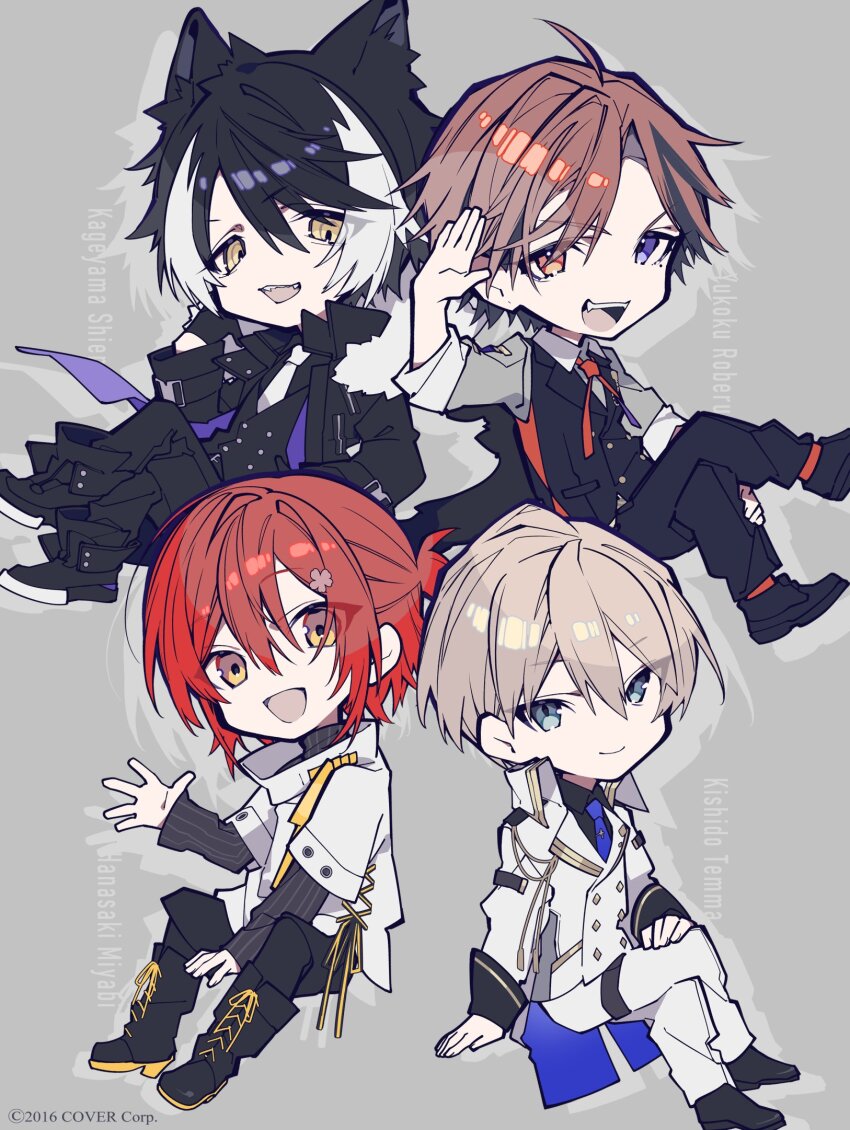 4boys :d animal_ears between_legs black_coat black_footwear black_gloves black_hair black_pantyhose black_shirt black_sweater black_vest blonde_hair blue_eyes blue_necktie boots buttons capri_pants chibi chibi_only closed_mouth coat collared_jacket collared_shirt copyright_notice crossed_legs curtained_hair diamond_button double-breasted fangs flower full_body fur-trimmed_coat fur_trim gloves grey_background grey_shirt hair_between_eyes hair_flower hair_ornament hairclip half_updo hanasaki_miyabi hanasaki_miyabi_(1st_costume) hand_between_legs hand_on_own_leg hand_on_own_thigh head_rest heterochromia highres holostars invisible_chair jackal_boy jackal_ears jackal_tail jacket kageyama_shien kageyama_shien_(1st_costume) kishido_temma kishido_temma_(1st_costume) lace-up_boots layered_sleeves long_sleeves looking_at_viewer male_focus mochizuki_kei mole mole_under_eye multicolored_hair multiple_boys neck_ribbon necktie official_art open_clothes open_coat open_mouth orange_eyes orange_hair orange_ribbon orange_socks pants pantyhose parted_bangs purple_eyes red_hair ribbon salute shirt shoes short_hair short_over_long_sleeves short_sleeves simple_background sitting sleeve_cuffs sleeves_rolled_up smile socks stole streaked_hair sweater tailcoat teeth tie_clip turtleneck turtleneck_sweater two-sided_fabric two-sided_jacket two-tone_hair upper_teeth_only vest virtual_youtuber waving white_hair white_jacket white_necktie white_pants white_shirt yellow_eyes yellow_ribbon yukoku_roberu yukoku_roberu_(1st_costume)