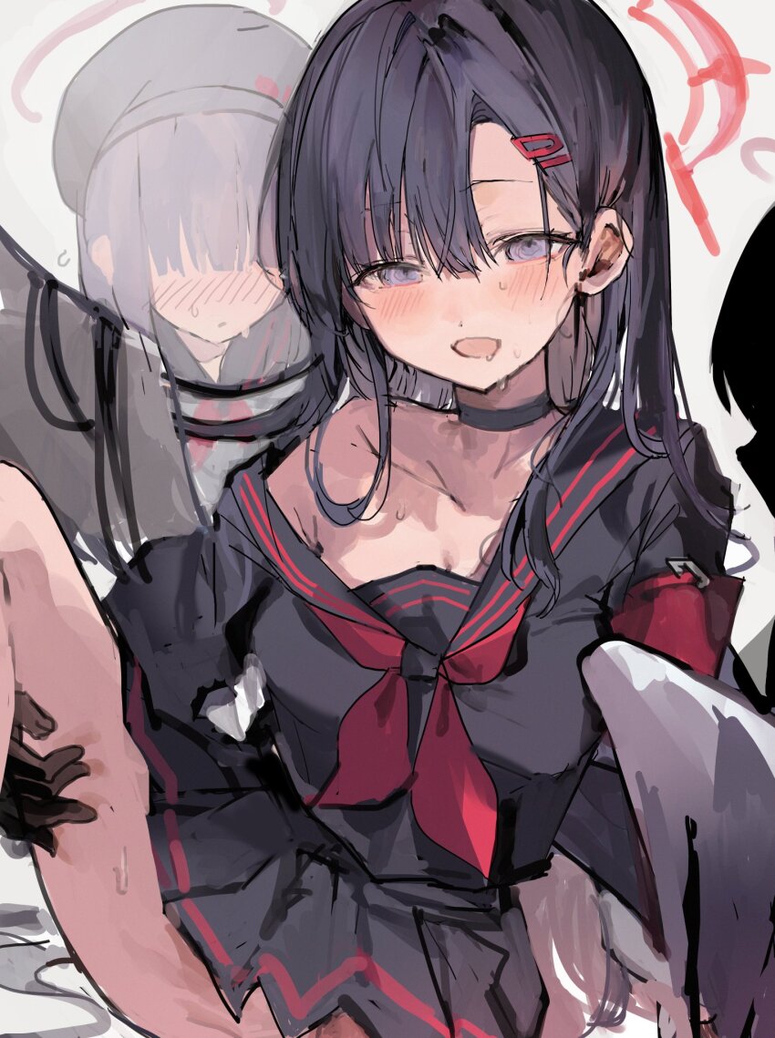 2girls beret black_choker black_gloves black_hair black_sailor_collar black_serafuku black_wings blue_archive blush breasts choker collarbone gloves grey_eyes hair_ornament hairclip halo hand_on_own_thigh hat highres ichika_(blue_archive) justice_task_force_member_(blue_archive) long_hair long_sleeves low_wings medium_breasts multiple_girls no_panties open_mouth qqkkay red_halo sailor_collar school_uniform serafuku shirt_slip single_bare_shoulder solo_focus sweat wings
