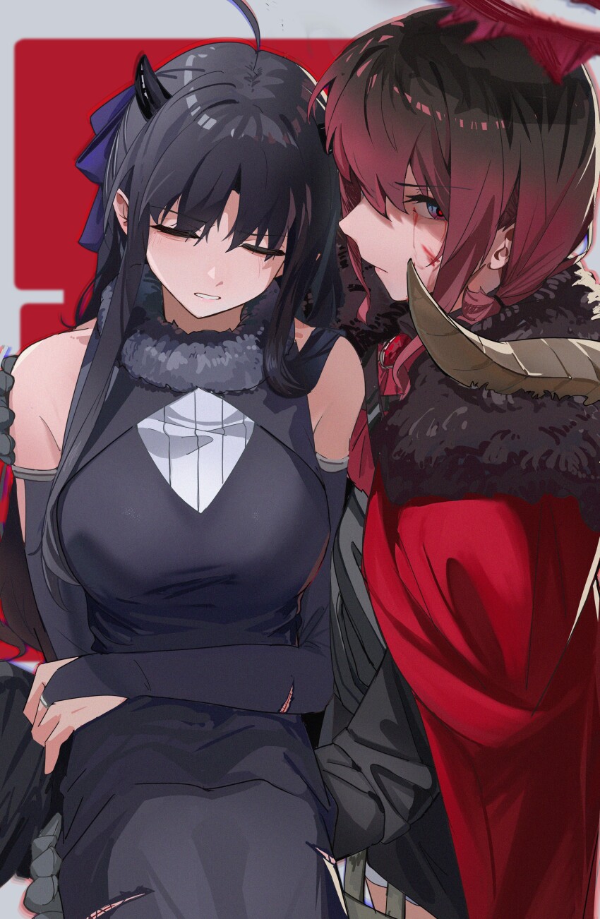 2girls absurdres ahoge awa_subaru black_dress black_hair blue_eyes breasts bridal_gauntlets brown_hair cape closed_eyes commentary cuts dress girls_band_cry girls_band_cry_rpg hair_between_eyes halo highres horns injury iseri_nina large_breasts long_hair low_twintails multiple_girls open_mouth red_cape short_hair short_twintails sidelocks sleeveless sleeveless_dress torn_clothes twintails zarakaga