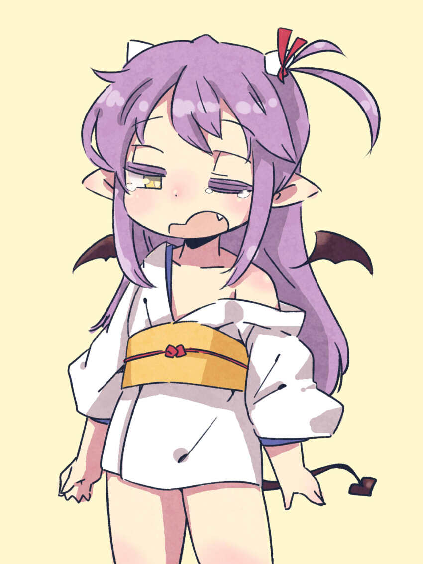 1girl black_tail black_wings collarbone croixsan demon_tail detached_wings dot_nose fang flat_chest hair_ribbon highres horns japanese_clothes kimono legs_apart long_hair mini_wings obi obijime one_eye_closed one_side_up open_mouth pointy_ears purple_hair red_ribbon ribbon sash sengoku_collection short_kimono simple_background single_bare_shoulder single_off_shoulder small_horns solo standing tail tears tsukahara_bokuden_(sengoku_collection) white_horns white_kimono wings yellow_background yellow_eyes yellow_sash