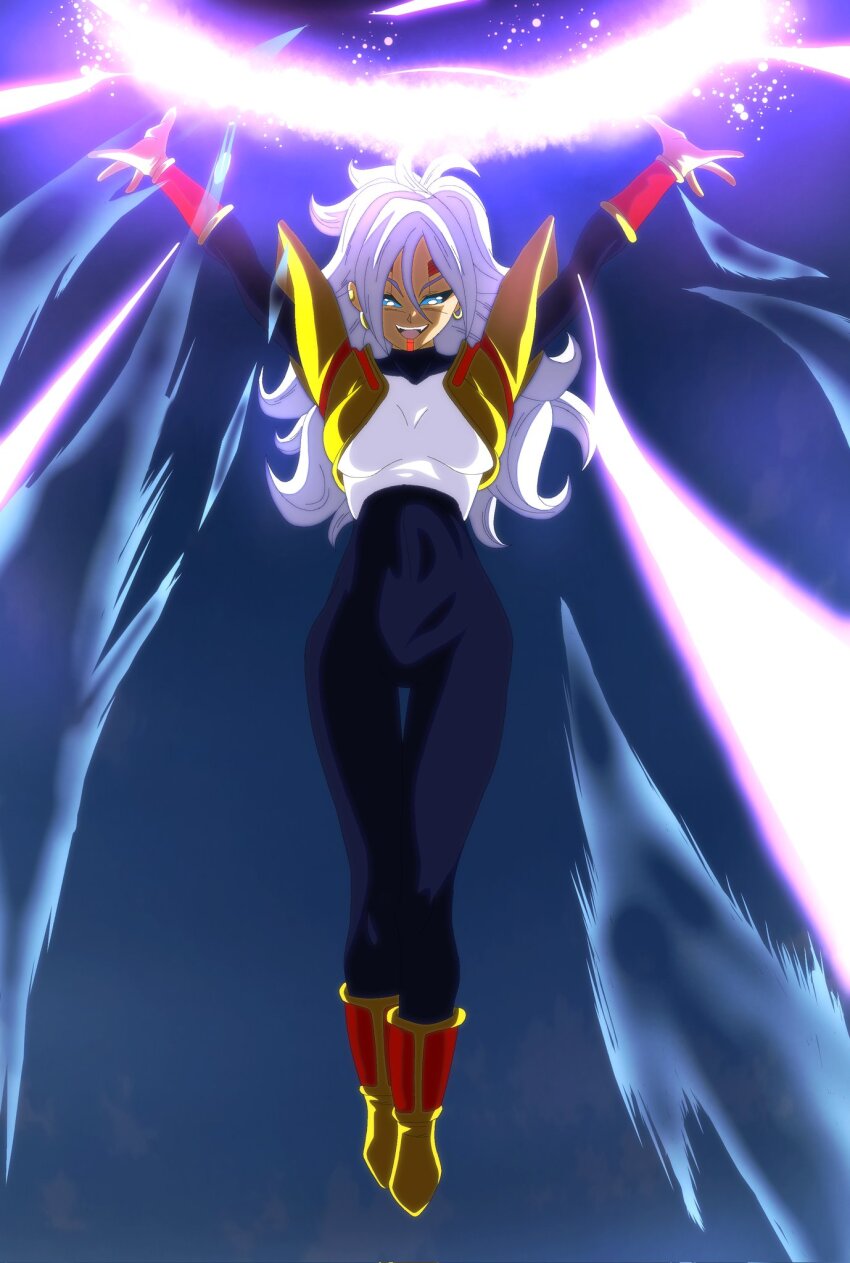 1girl 22_blurime alternate_costume alternate_eye_color alternate_hair_color android_21 arms_up artist_name baby_(dragon_ball) blue_eyes bodysuit breasts commentary corruption dark_persona death_ball_(technique) dragon_ball dragon_ball_fighterz dragon_ball_gt earrings energy energy_ball english_commentary evil_smile facial_mark facial_tattoo floating glowing highres incoming_attack jewelry long_hair looking_down mixed-language_commentary no_pupils open_mouth outstretched_arms parasite possessed possession redi_heiky smile spanish_commentary super_baby_2 tattoo toei_animation white_hair