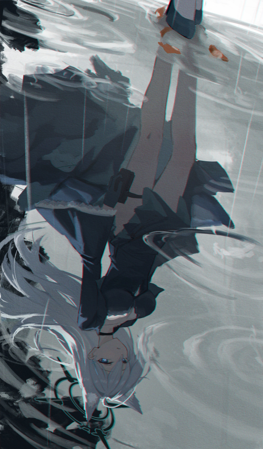 1girl absurdres animal_ear_fluff animal_ears black_choker black_dress black_gloves black_shoes blue_archive blue_eyes choker cross_hair_ornament dress extra_ears gloves grey_hair haimaotuanzi hair_between_eyes hair_ornament highres long_hair looking_at_viewer rain reflection shiroko_(blue_archive) shiroko_terror_(blue_archive) shoes sidelocks solo thigh_strap wolf_ears wolf_girl