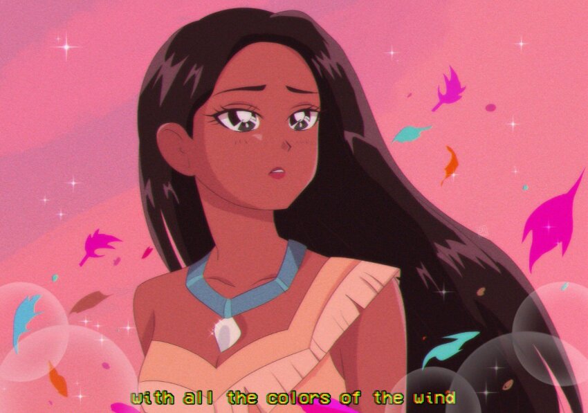 1990s_(style) 1girl animification black_hair brenni_murasaki brown_eyes dark-skinned_female dark_skin dress jewelry long_hair looking_at_viewer native_american native_american_clothes necklace pocahontas_(disney) pocahontas_(movie) retro_artstyle solo upper_body