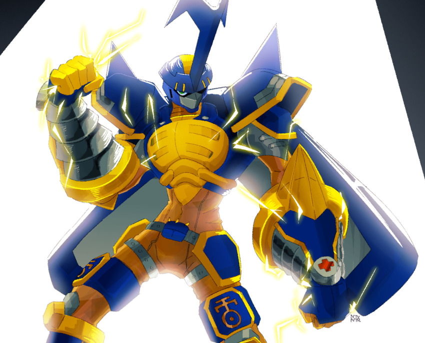 armor blitzmon digimon digimon_(creature) digimon_frontier green_eyes highres horns mask muscular muscular_male