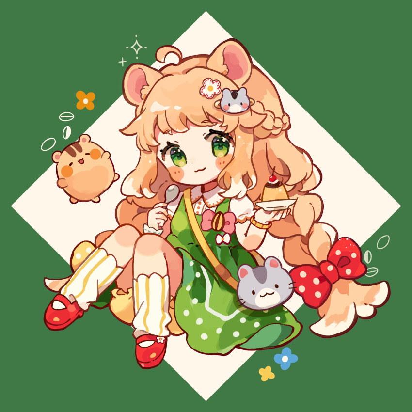 1girl :3 absurdres ahoge animal_ears animal_hair_ornament bloomers blush_stickers bow braid braided_twintails cherry chibi choppy_bangs collared_shirt commentary commentary_request commission diamond_(shape) dot_nose dress english_commentary flower food fruit full_body green_background green_dress green_eyes hair_bow hair_flower hair_ornament half_up_half_down_braid hamster hamster_ears highres holding holding_plate holding_spoon knees_up long_hair looking_at_viewer loose_socks mary_janes mixed-language_commentary napo_(napo_illust) orange_hair original pinafore_dress plate polka_dot polka_dot_bow polka_dot_dress pudding raised_eyebrows red_bow red_shoes shirt shoes short_sleeves sitting skeb_commission sleeveless sleeveless_dress socks solo spoon striped_clothes striped_socks two-tone_background underwear vertical-striped_clothes vertical-striped_socks very_long_hair white_background white_shirt white_socks wristband yellow_bloomers