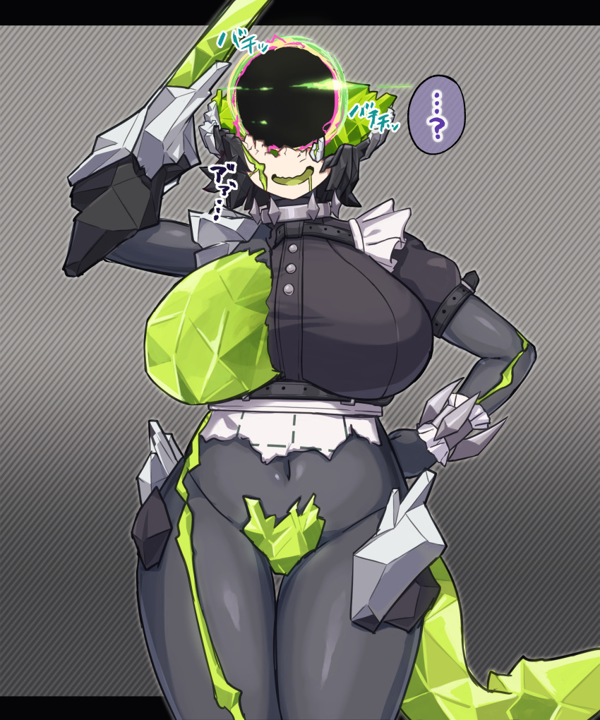 1girl absurdres black_hair body_modification breasts colored_inner_hair corruption crystal_sword ellen_joe ethereal_(zenless_zone_zero) fins fish_tail frilled_wristband hair_ornament hairband herutsuheimuu highres large_breasts looking_at_viewer looking_up maid_headdress metal_hairband mind_control mole mole_under_eye monster monsterification multicolored_hair navel one_breast_out open_mouth red_hair salute shark_girl shark_tail short_hair smile solo spiked_headband sword tail torn_clothes transformation two-tone_hair weapon zenless_zone_zero