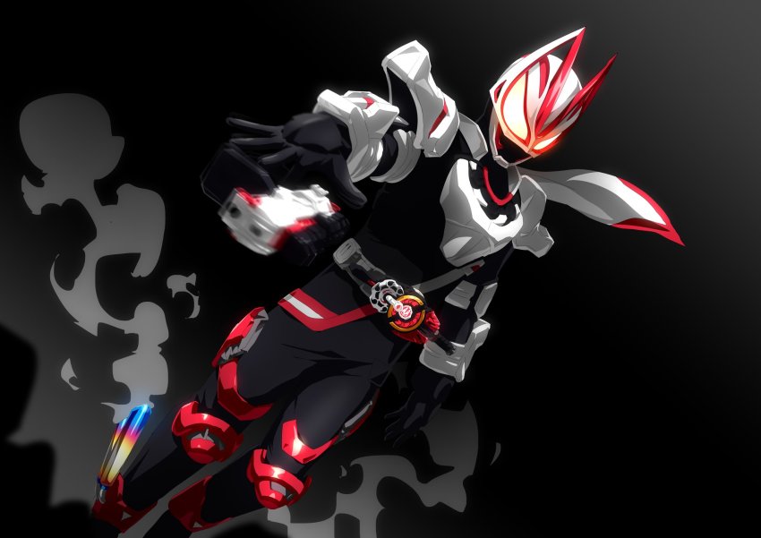 1boy animal_ears armor black_background black_bodysuit black_footwear black_gloves bodysuit boost_buckle boots desire_driver rider_belt dutch_angle exhaust exhaust_pipe fox fox_ears full_body gloves glowing glowing_eyes gun handgun highres kamen_rider kamen_rider_geats kamen_rider_geats_(series) kitsune leg_armor logo magnum_boost magnum_buckle magnum_shooter_40x orange_armor otokamu outstretched_arms rider_belt scarf shoulder_armor sparks spread_arms tokusatsu spinning_gun spinning_weapon weapon white_armor white_scarf
