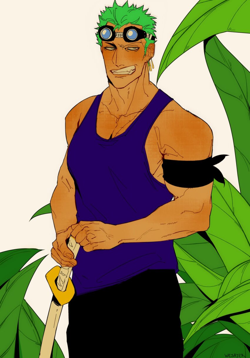 1boy artist_name bandana_around_arm black_pants blue_tank_top commentary cowboy_shot earrings english_commentary goggles goggles_on_head green_hair highres holding holding_sword holding_weapon jewelry looking_to_the_side male_focus one_piece pants roronoa_zoro short_hair smile solo stitched_torso stitches sword tank_top weapon wesaier