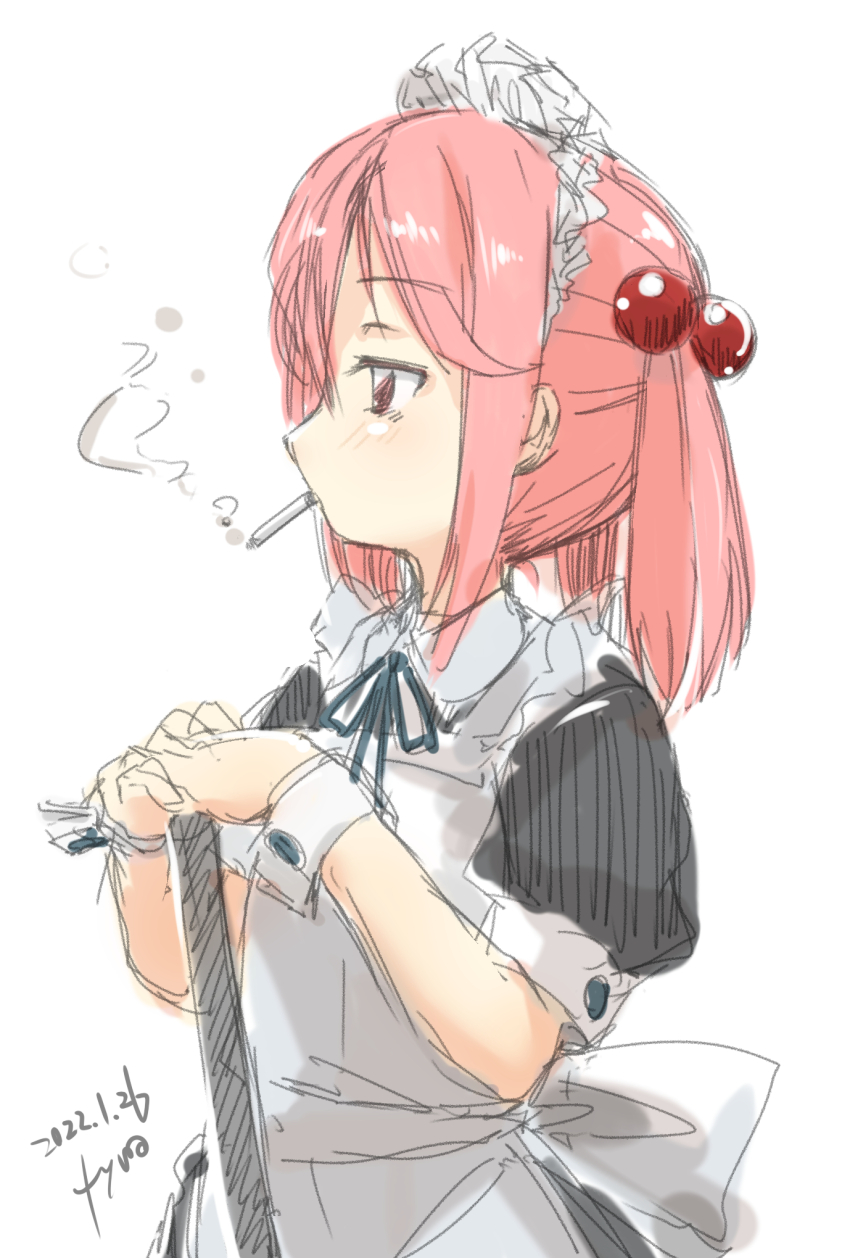 1girl alternate_costume apron bell black_dress cigarette dress enmaided fyuo hair_bell hair_ornament highres kantai_collection looking_at_viewer maid maid_headdress mouth_hold pink_eyes pink_hair sazanami_(kancolle) simple_background smoke solo twintails white_apron white_background wrist_cuffs