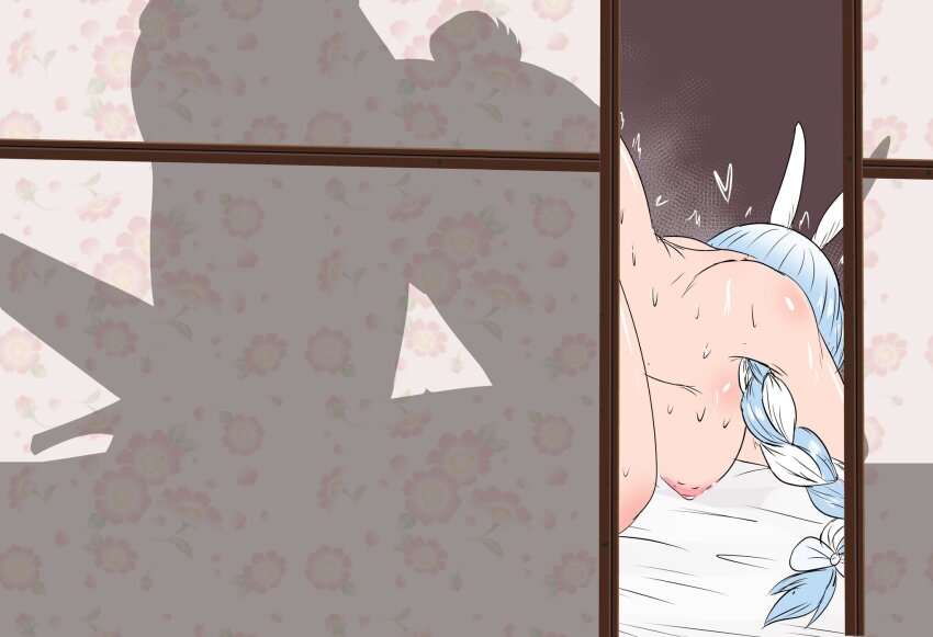 1boy 1girl animal_ears blue_hair braid breasts doggystyle fuzzlogik hetero highres hololive implied_sex implied_vaginal large_breasts long_hair multicolored_hair nipples pekomama rabbit_ears rabbit_girl rabbit_tail sex sex_from_behind sweat tail top-down_bottom-up two-tone_hair virtual_youtuber white_hair