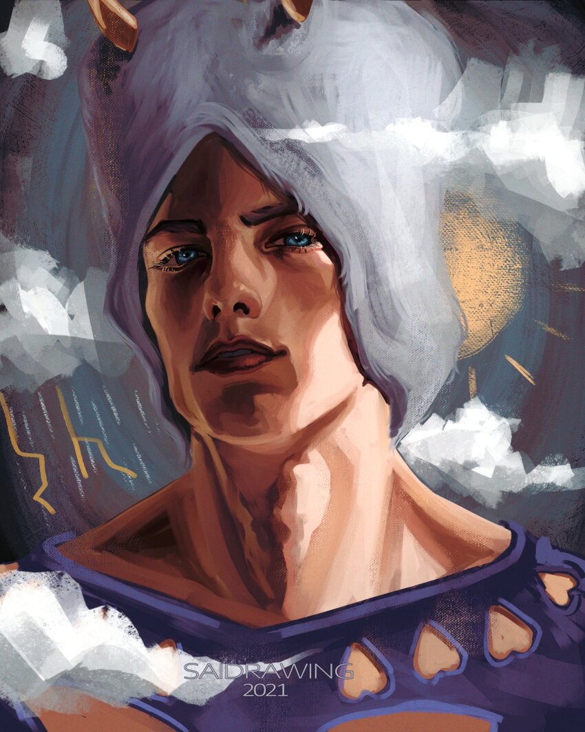 1boy blue_eyes blue_shirt clothing_cutout cloud fur_hat hat highres horned_hat jojo_no_kimyou_na_bouken looking_at_viewer portrait saidrawing shirt stone_ocean upper_body weather_report white_hat