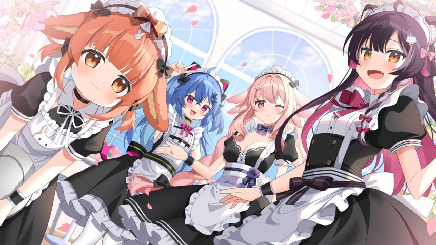 4girls :3 :d ;) ahoge alternate_costume animal_ears apron black_choker black_dress black_hair blue_hair blue_sky blunt_bangs bow bowtie breasts chiaki_katsumi choker cloud collared_dress colored_inner_hair commentary dress english_commentary fangs flower hair_between_eyes hair_intakes hair_ornament hairclip holding holding_plate kurot looking_at_viewer lottie_shinju maid_headdress miuna_usako multicolored_hair multiple_girls one_eye_closed open_mouth orange_eyes orange_hair pantyhose pink_eyes pink_flower pink_hair pixellink plate puffy_sleeves purple_bow purple_bowtie rabbit_ears rabbit_hair_ornament raki_kazuki second-party_source shell_hair_ornament sky smile tongue virtual_youtuber waist_apron white_apron white_pantyhose window x_hair_ornament