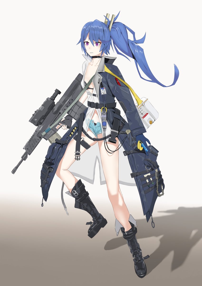 1girl 20x30mm_lv 20x30mm_lv_p_k168 absurdres airburst_grenade_launcher ammunition assault_rifle black_boots black_choker blouse blue_hair blue_jacket bolt-action_grenade_launcher bolt_action boots breasts bullpup burst_fire_gun burst_fire_rifle cannon_cartridge carbine choker closed_mouth collarbone computerized_scope daewoo_k11 denim denim_shorts explosive full_body girls&#039;_frontline grenade grenade_cartridge grenade_launcher gun hair_ornament highres holding holding_gun holding_weapon jacket k11_(girls&#039;_frontline) long_hair looking_away multi-weapon multiple-barrel_gun open_clothes open_jacket open_shirt ponytail practice_round precision-guided_firearm purple_eyes rifle scope shirt short-barreled_rifle shorts sight_(weapon) simple_background small_breasts smart_scope solo standing subsonic_ammunition telescopic_sight thermal_weapon_sight underbarrel_assault_rifle underbarrel_rifle weapon wh1te white_shirt