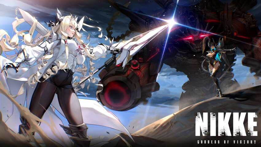 1other 2girls armor battle blonde_hair blue_eyes chatterbox_(nikke) crown_(nikke) drill_hair fighting_stance fishnets goddess_of_victory:_nikke hair_spread_out highres indivilia_(nikke) logo multiple_girls pinkmill polearm rapture_(nikke) red_eyes shirt spear weapon white_shirt