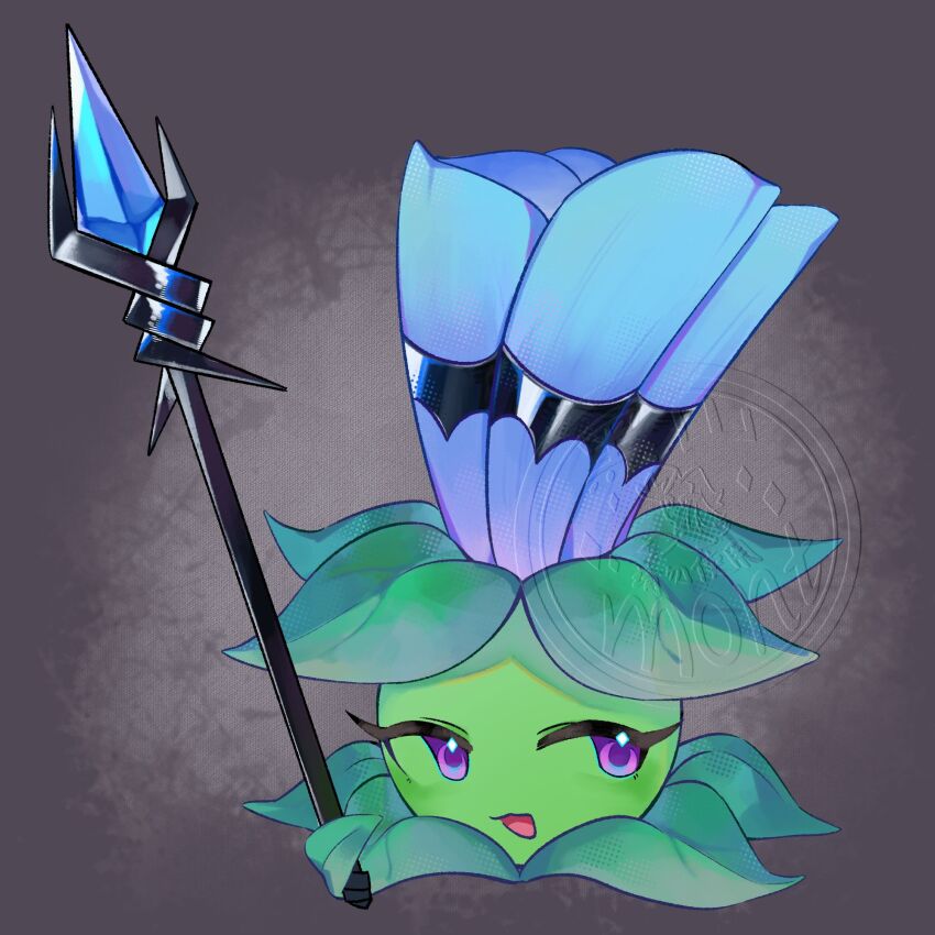 :3 :d blue_flower commentary commission diamond_(shape) diamond_in_eye english_commentary flower flower_focus grey_background halftone highres holding holding_staff leaf looking_at_viewer moonflower_(plants_vs._zombies) no_humans no_nose no_sclera open_mouth plants_vs._zombies plants_vs._zombies_2 purple_eyes reoghostreo sideways_glance simple_background smile solo staff tongue watermark