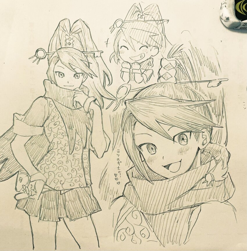 1girl ^_^ ace_attorney ace_attorney_investigations badge chibi closed_eyes gloves graphite_(medium) greyscale grin hand_on_own_hip hand_up hands_up hatching_(texture) high_ponytail highres izumi_whale karakusa_(pattern) kay_faraday key_hair_ornament linear_hatching looking_at_viewer miniskirt monochrome multiple_views pleated_skirt ponytail scarf short_sleeves skirt sleeves_rolled_up smile swept_bangs traditional_media