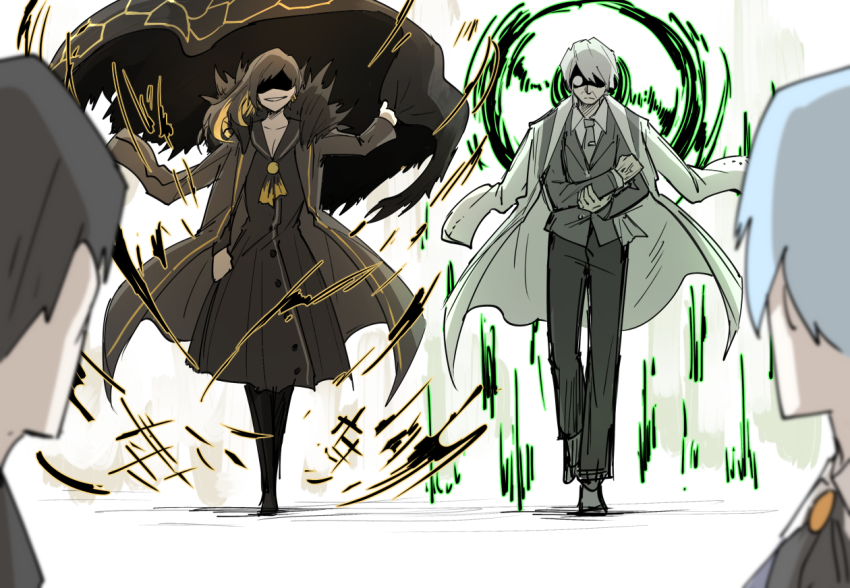 2boys 2girls angela_(project_moon) aura binah_(project_moon) black_hair blue_hair breasts buttons cleavage coat coat_on_shoulders collarbone dress formal_clothes full_body hokma_(project_moon) kankan33333 library_of_ruina light_blue_hair long_hair long_sleeves looking_at_another multicolored_hair multiple_boys multiple_girls old old_man pants project_moon roland_(project_moon) shaded_face smile suit tie_clip two-tone_hair walking