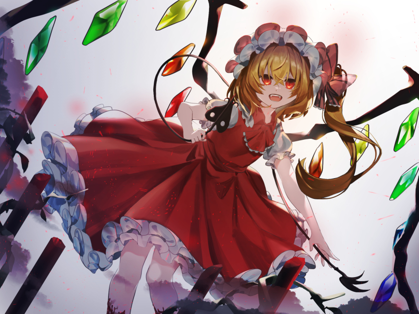 1girl ascot blonde_hair crystal crystal_wings flandre_scarlet frilled_shirt_collar frilled_skirt frills hat hat_ribbon highres laevatein_(touhou) looking_at_viewer lupi_(yuni_060969) mob_cap open_mouth puffy_short_sleeves puffy_sleeves red_eyes red_skirt red_vest ribbon shirt short_sleeves side_ponytail simple_background skirt smile solo touhou vest white_background wings yellow_ascot