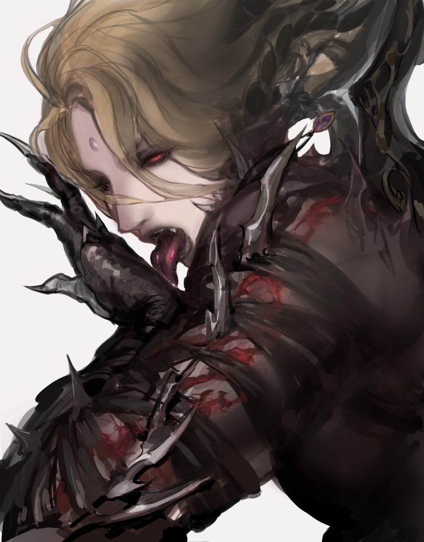 1boy black_gloves blonde_hair claw_ring expressionless fangs final_fantasy final_fantasy_xiv garlean gloves half-closed_eyes highres jewelry licking licking_hand licking_self looking_at_viewer male_focus pendant pydiyudie reaper_(final_fantasy) red_eyes simple_background solo spikes third_eye tongue tongue_out upper_body white_background zenos_yae_galvus