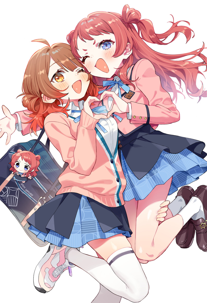 2girls ;d absurdres ahoge bag bag_charm black_overskirt blue_ribbon blue_skirt blush brown_hair cardigan character_charm charm_(object) commentary gakuen_idolmaster hanami_saki hanami_ume hatsuboshi_gakuen_school_uniform heart heart_hands heart_hands_duo highres idolmaster jacket kunikune lifting_person loafers looking_at_viewer multiple_girls neck_ribbon one_eye_closed open_mouth orange_hair pink_cardigan pink_jacket pleated_skirt ribbon school_bag school_uniform shirt shoes siblings simple_background sisters skirt smile sneakers socks standing standing_on_one_leg thighhighs white_background white_shirt white_socks white_thighhighs