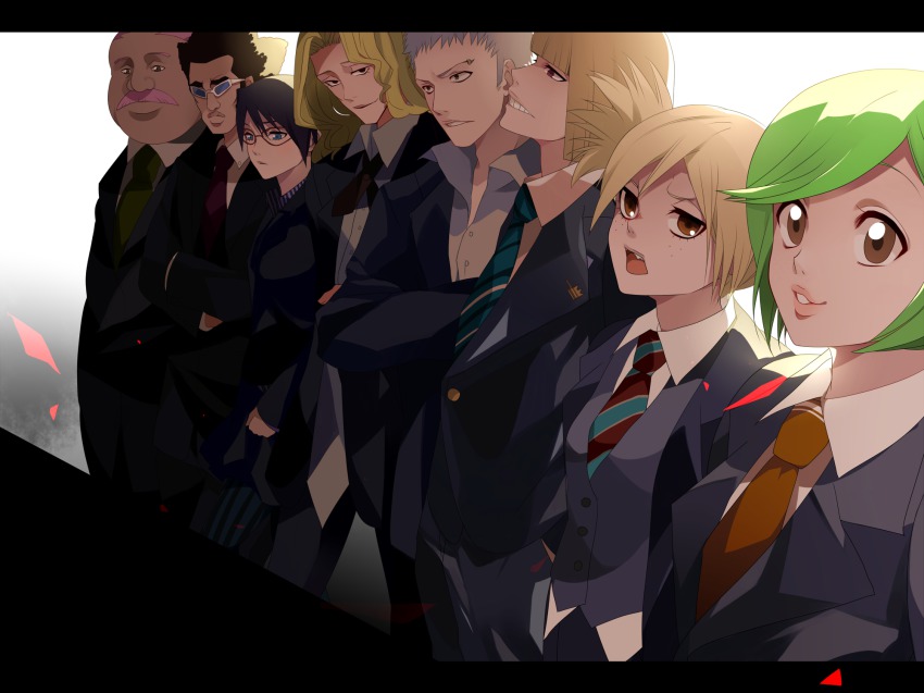 3girls 5boys 7wata_himori aikawa_love black_hair bleach blonde_hair brown_eyes brown_hair facial_hair fang formal_clothes freckles glasses green_hair grey_hair grin group_picture group_profile highres hirako_shinji kuna_mashiro lineup long_hair looking_at_viewer muguruma_kensei multiple_boys multiple_girls mustache necktie ootoribashi_roujuurou open_mouth otoribashi_rojuro pink_hair profile sarugaki_hiyori short_hair smile standing suit sunglasses ushoda_hachigen ushouda_hachigen yadoumaru_lisa