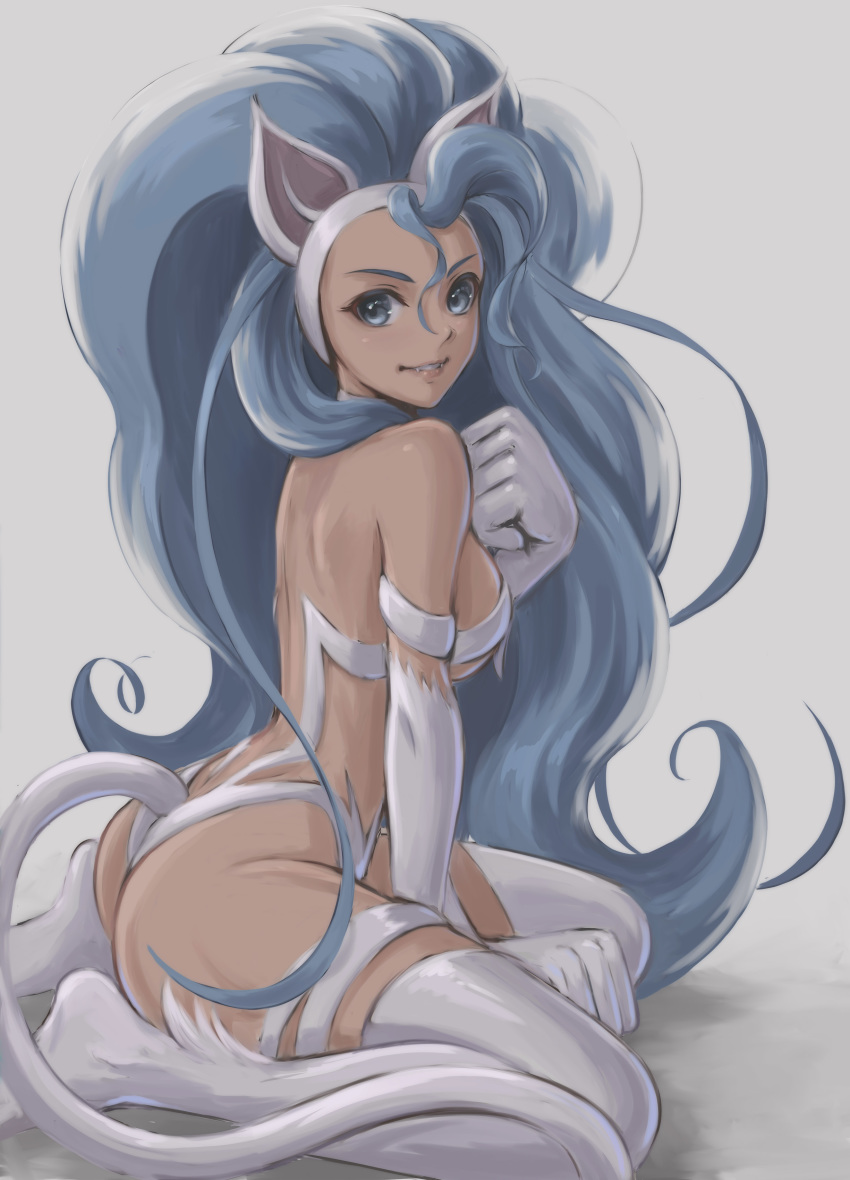 1girl absurdres ahoge animal_ears animal_feet animal_hands arm_support ass bare_shoulders blue_eyes blue_hair breasts capcom cat_ears cat_girl cat_tail commentary fangs felicia_(darkstalkers) from_side fur grey_background hand_up highres lips long_hair looking_at_viewer medium_breasts multicolored_hair parted_lips shadow sideboob simple_background sitting smile solo tail teeth thighs tyanoki darkstalkers wariza white_hair