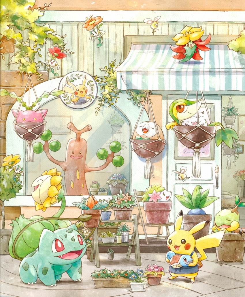 absurdres blue_flower building bulbasaur closed_eyes flower gen_1_pokemon gen_2_pokemon gen_4_pokemon gen_5_pokemon gen_7_pokemon gen_8_pokemon gossifleur hanging_plant highres hoppip kirisaki_(gin16k) legendary_pokemon mythical_pokemon nintendo no_humans oddish open_mouth orange_flower pikachu pink_flower plant pokemon pokemon_(creature) potted_plant ribombee rowlet shaymin shaymin_(land) snivy squirtle sudowoodo sunflora turtwig window