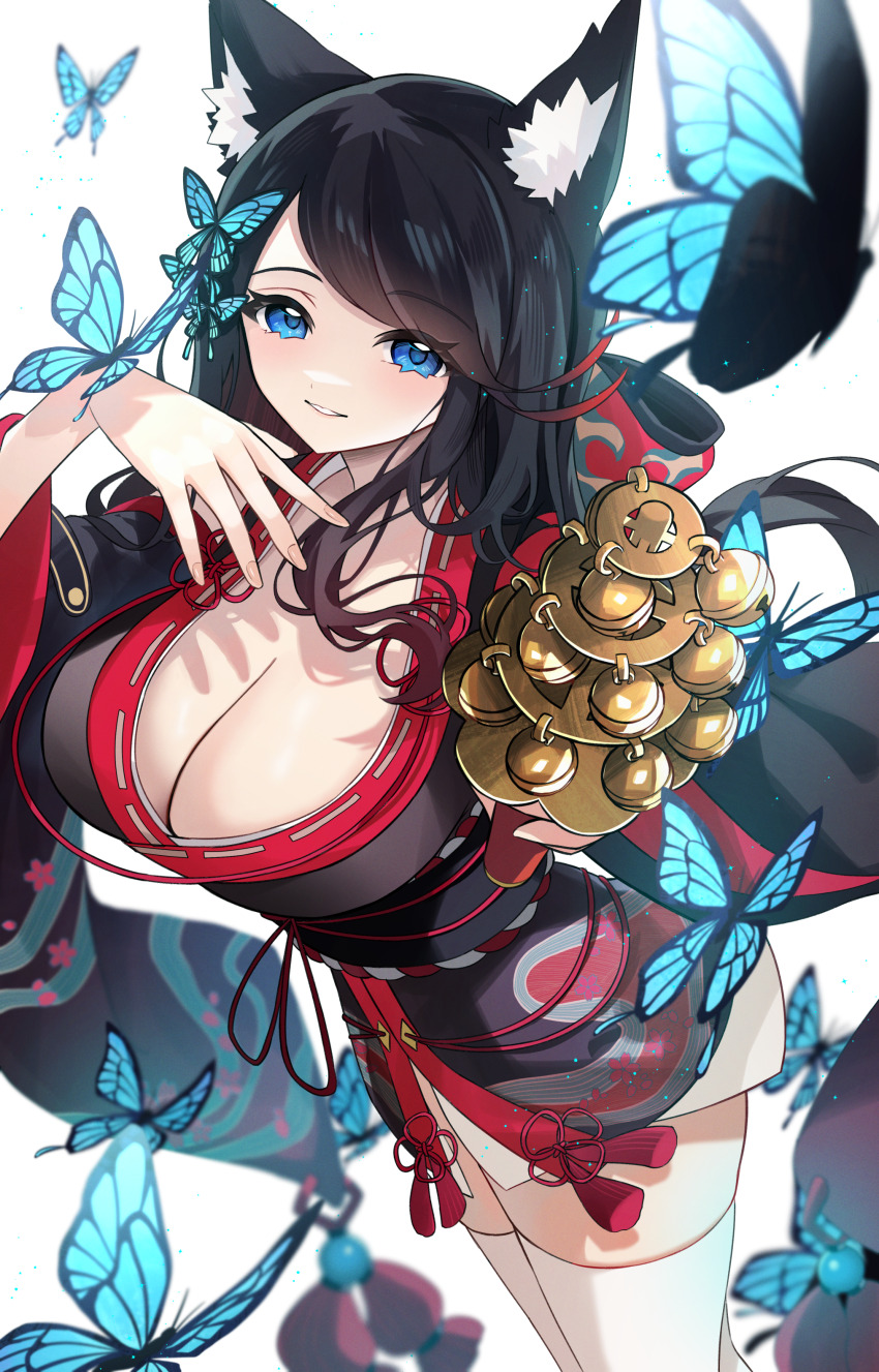 1girl absurdres azur_lane black_hair black_kimono blue_butterfly blue_eyes breasts bug butterfly butterfly_on_hand cleavage commentary_request fusou_(azur_lane) highres insect japanese_clothes kimono large_breasts long_hair long_sleeves looking_at_viewer red_trim simple_background solo thighhighs white_background white_thighhighs wide_sleeves yamaha_tsui