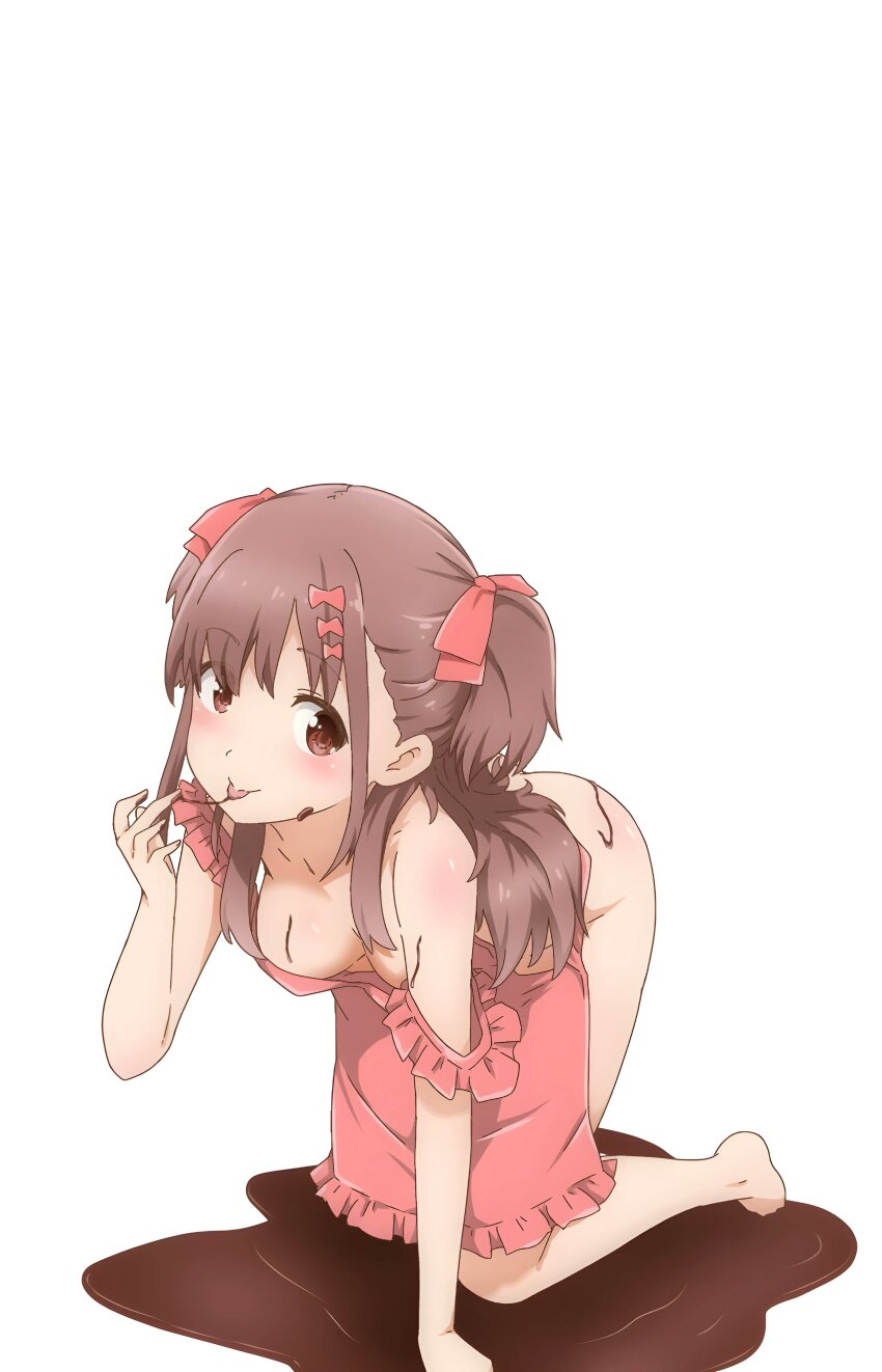 1girl 22/7 :p absurdres all_fours apron blush bow brown_eyes brown_hair chocolate chocolate_on_ass chocolate_on_body chocolate_on_hand fanged_bangs food_on_body food_on_hand frilled_apron frills full_body hair_bow hair_ornament highres hitorilily long_hair looking_to_the_side naked_apron pink_apron pink_bow sera_honoka simple_background solo strap_slip tongue tongue_out two_side_up white_background