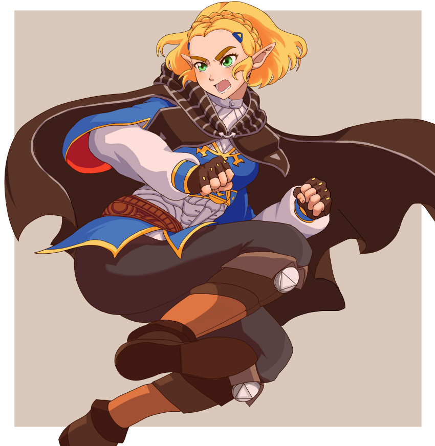1girl absurdres angry ass black_gloves blonde_hair blue_eyes boots breasts cape elf female_focus gloves hair_ornament hairclip highres hood jump leggings nintendo open_mouth pointy_ears princess_zelda short_hair sidelocks solo the_legend_of_zelda the_legend_of_zelda:_breath_of_the_wild the_legend_of_zelda:_tears_of_the_kingdom thighs triforce